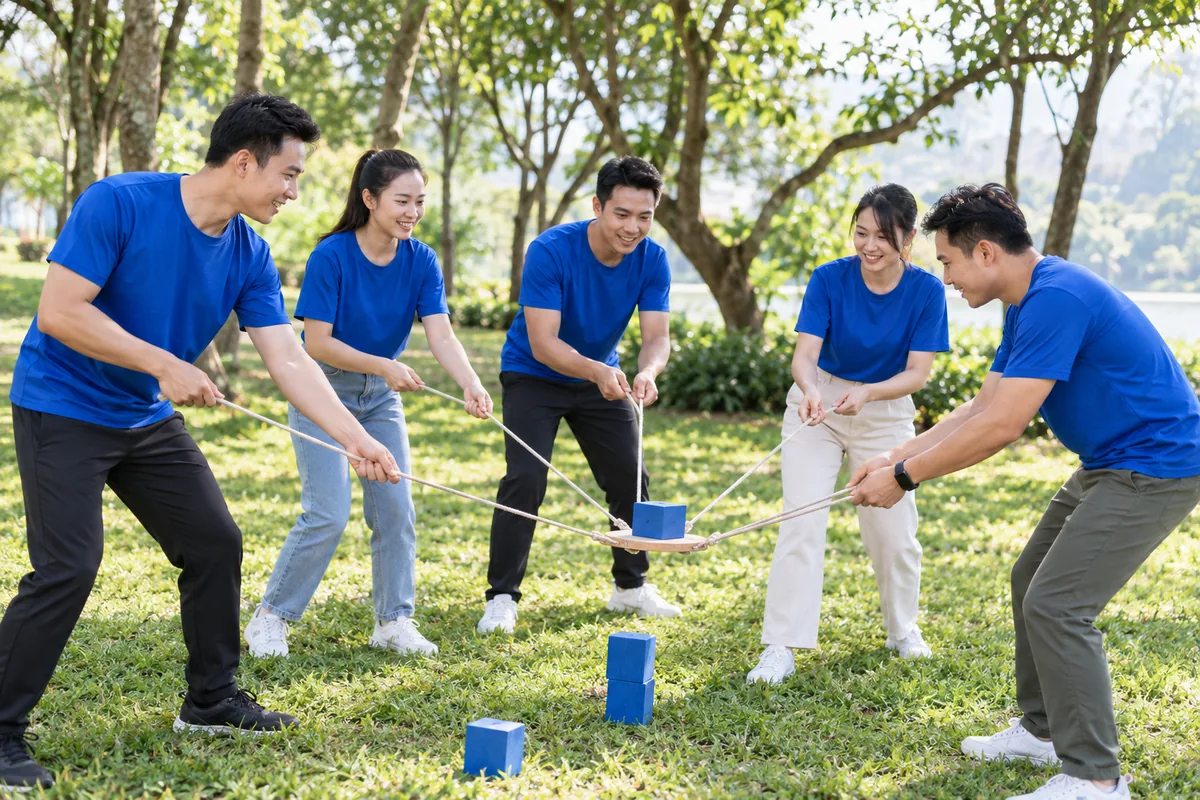 Đội nhóm mặc áo thun xanh tham gia hoạt động ngoài trời trên bãi cỏ
