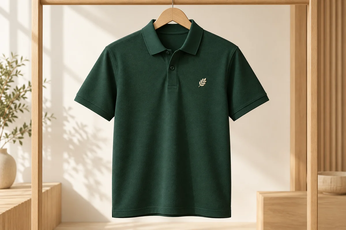 Áo polo xanh rêu cổ bo thân trơn với biểu tượng thêu nhỏ minh họa mẫu VP01