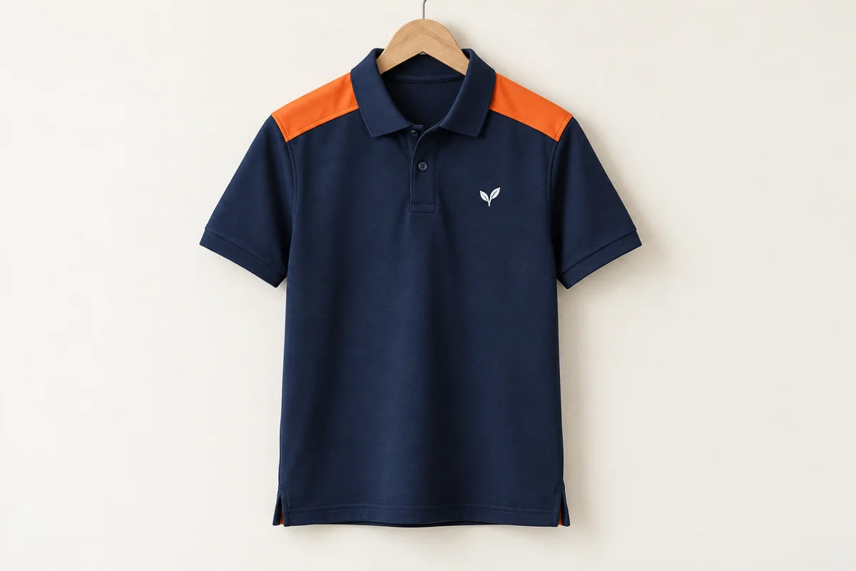 Áo polo xanh than phối vai cam có xẻ tà minh họa mẫu VP03