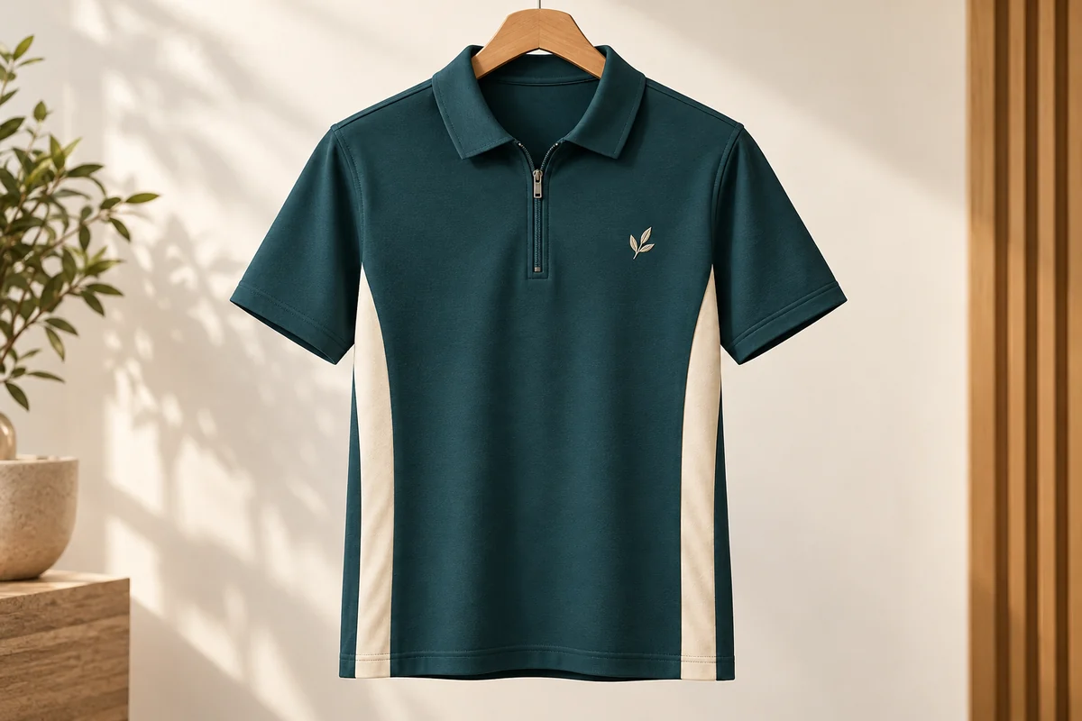 Áo polo xanh cổ khóa kéo ngắn và sườn phối kem minh họa VP08