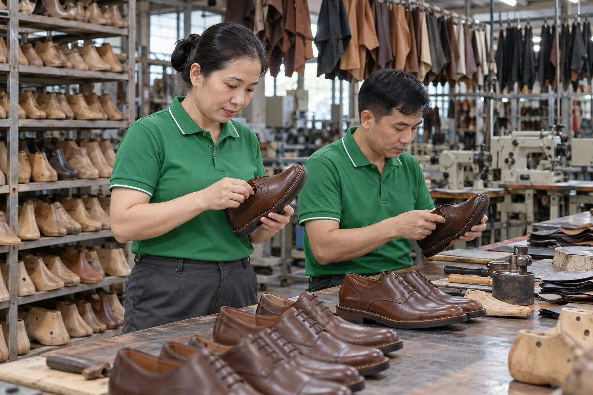 Áo thun công nhân xanh lá viền trắng cho xưởng giày da: thao tác trong xưởng giày da