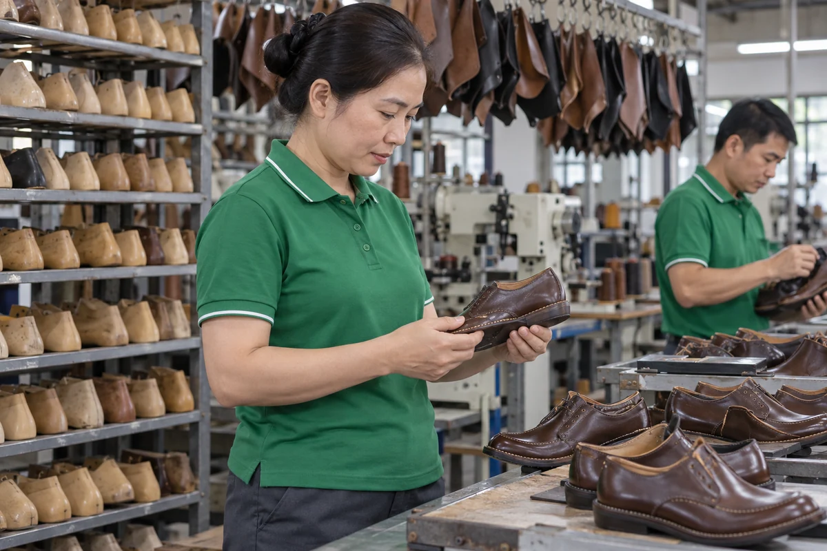 Áo thun công nhân xanh lá viền trắng cho xưởng giày da: phom khi làm việc tại xưởng giày da