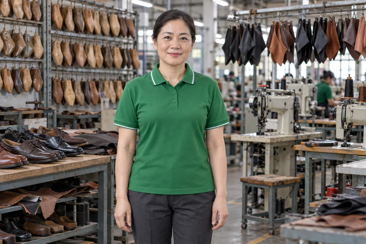 Áo thun công nhân xanh lá viền trắng cho xưởng giày da: người mặc tại xưởng giày da