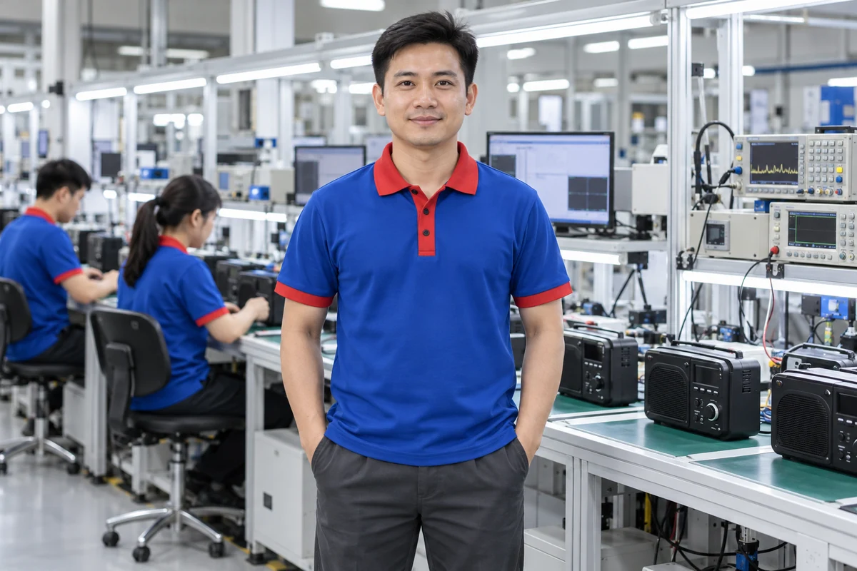 Áo thun công nhân xanh dương cho xưởng điện tử: người mặc tại xưởng điện tử