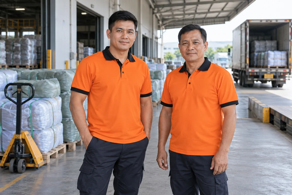 Áo thun công nhân cam phối đen cho đội bốc xếp: người mặc tại khu bốc xếp hàng