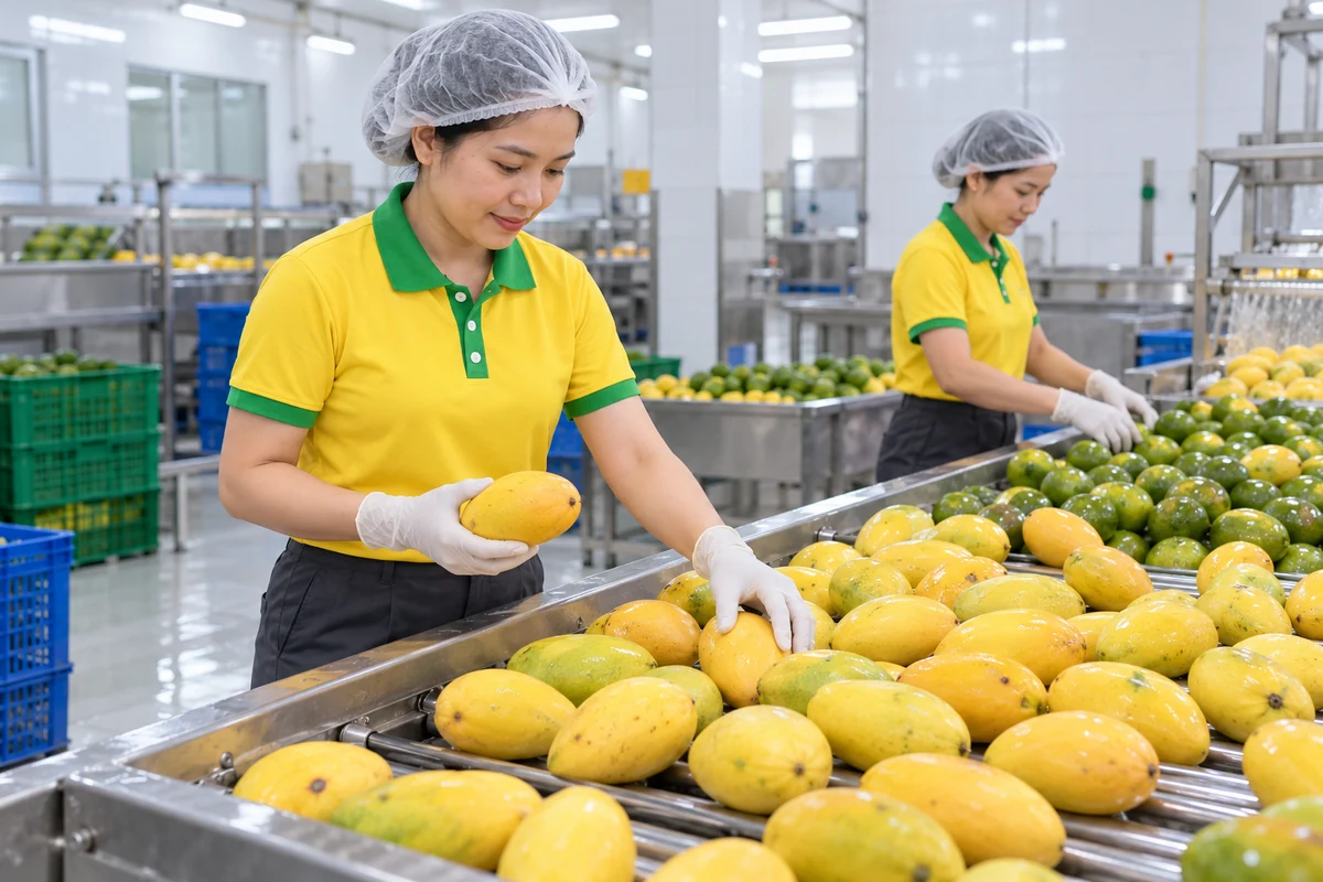 Áo thun công nhân vàng phối xanh lá cho xưởng trái cây: thao tác trong xưởng sơ chế trái cây