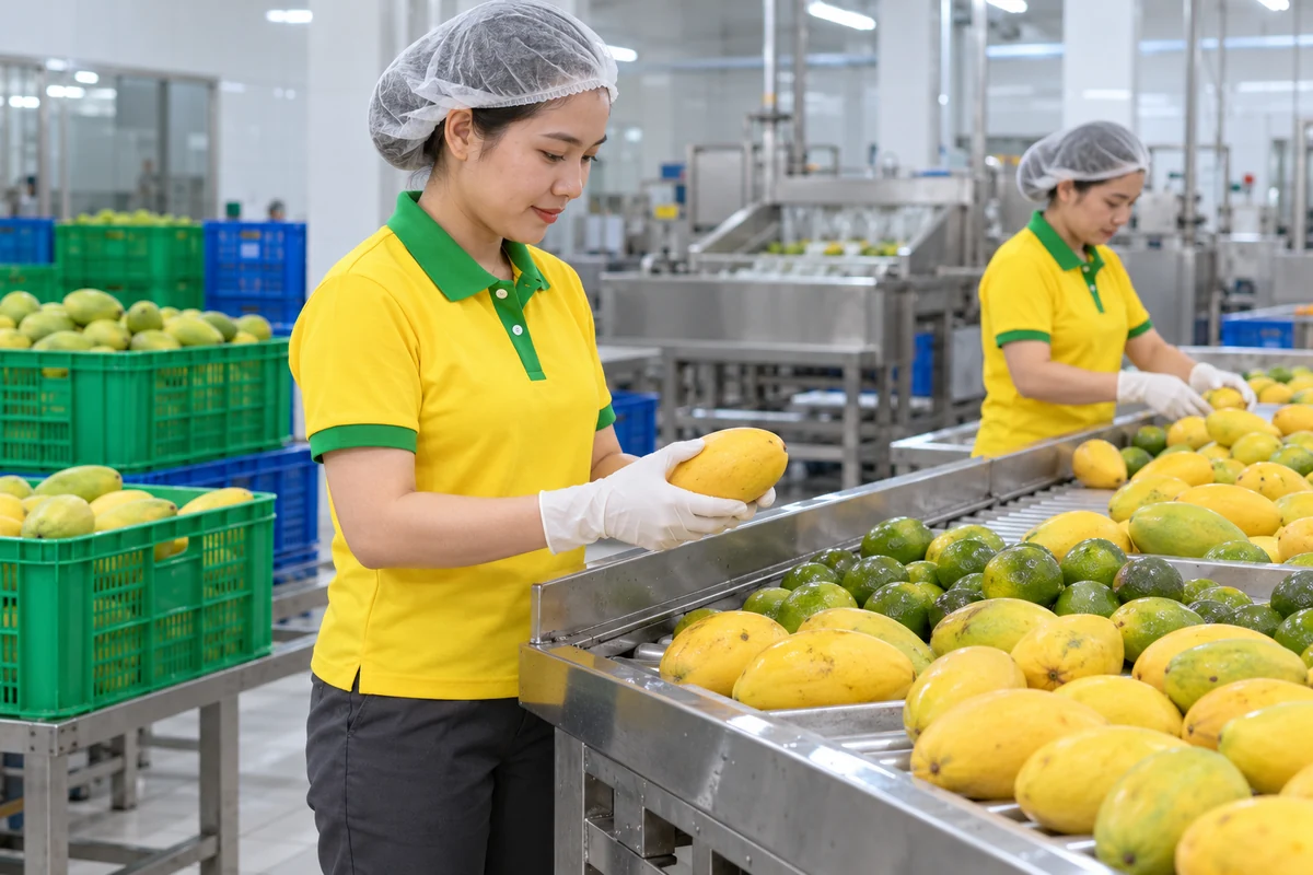 Áo thun công nhân vàng phối xanh lá cho xưởng trái cây: phom khi làm việc tại xưởng sơ chế trái cây