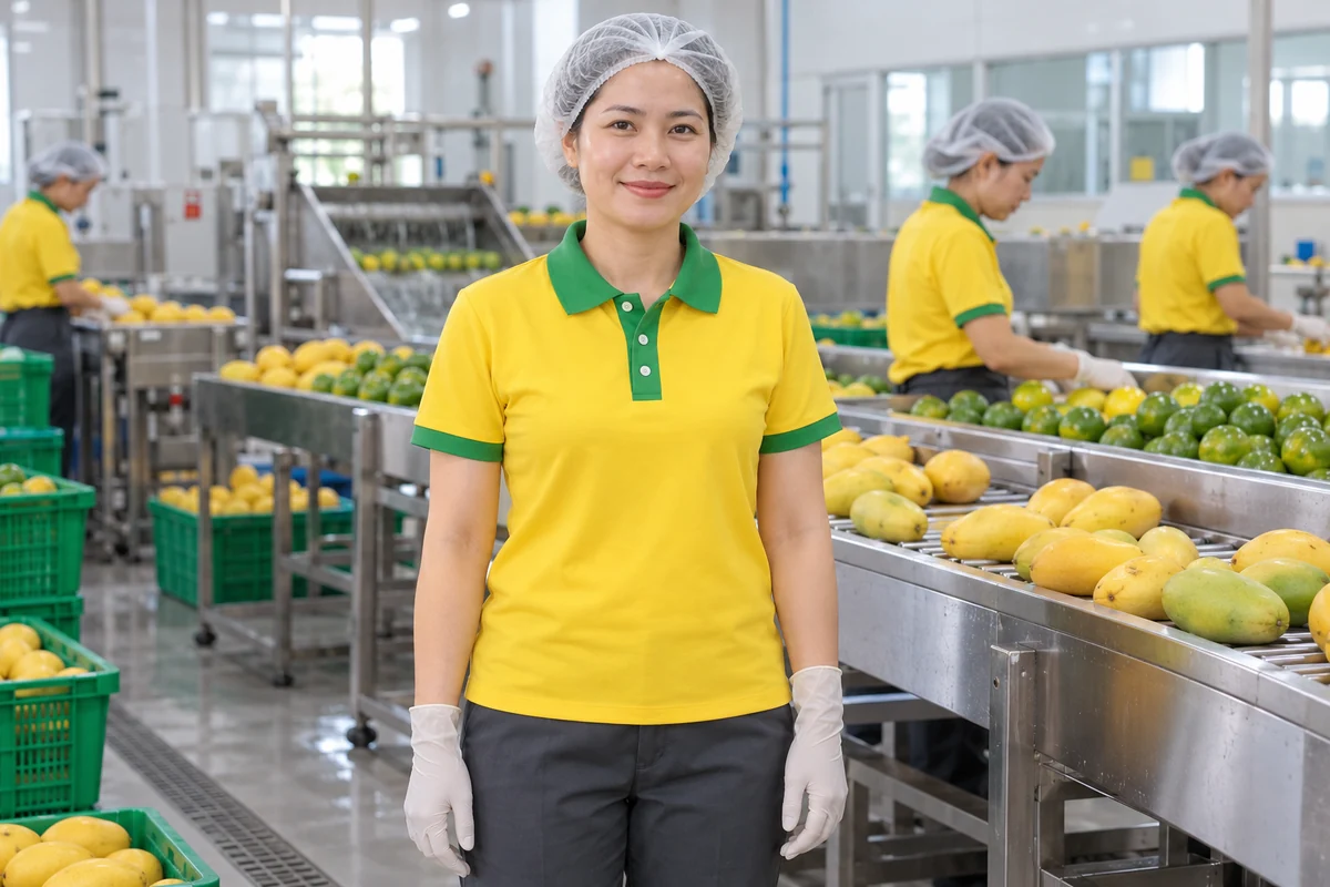 Áo thun công nhân vàng phối xanh lá cho xưởng trái cây: người mặc tại xưởng sơ chế trái cây