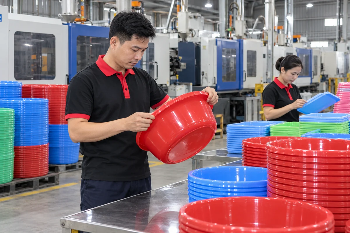 Áo thun công nhân đen phối đỏ cho xưởng nhựa gia dụng: thao tác trong xưởng nhựa gia dụng