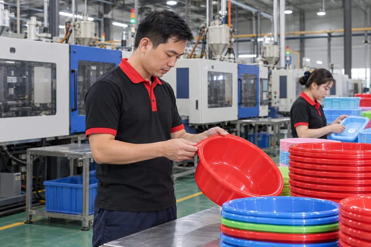 Áo thun công nhân đen phối đỏ cho xưởng nhựa gia dụng: phom khi làm việc tại xưởng nhựa gia dụng