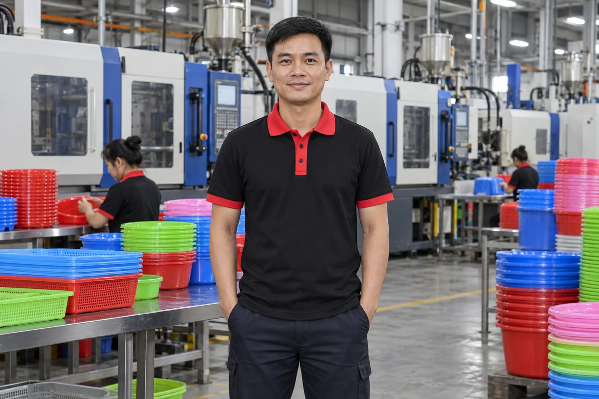 Áo thun công nhân đen phối đỏ cho xưởng nhựa gia dụng: người mặc tại xưởng nhựa gia dụng