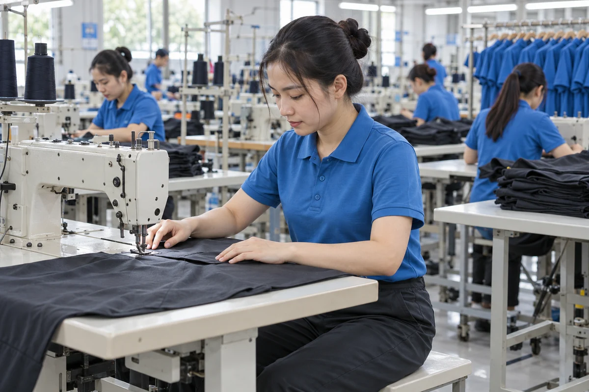 Áo thun công nhân xanh biển cho công ty may mặc: thao tác trong công ty may mặc