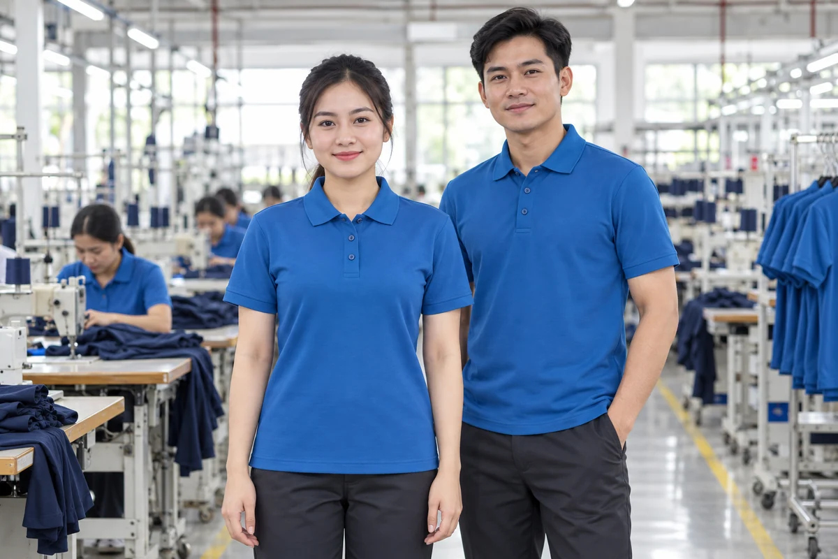Áo thun công nhân xanh biển cho công ty may mặc: người mặc tại công ty may mặc