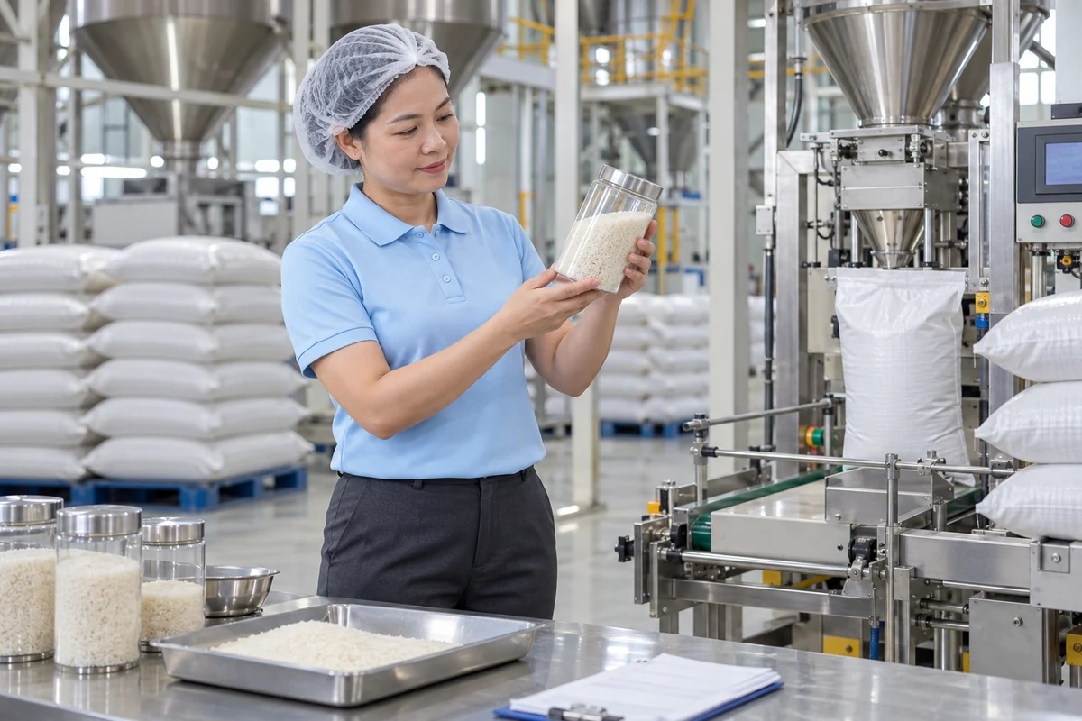 Áo thun công nhân xanh da trời nhạt cho nhà máy gạo: thao tác trong nhà máy lúa gạo