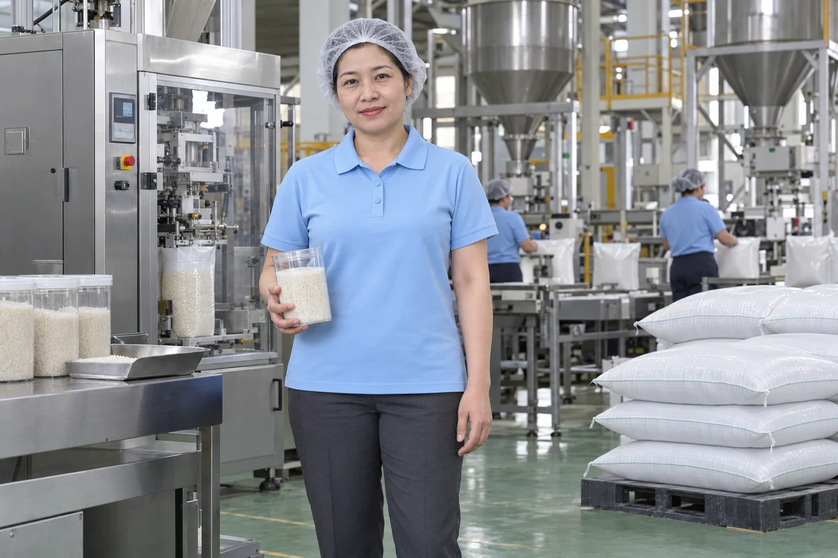Áo thun công nhân xanh da trời nhạt cho nhà máy gạo: người mặc tại nhà máy lúa gạo